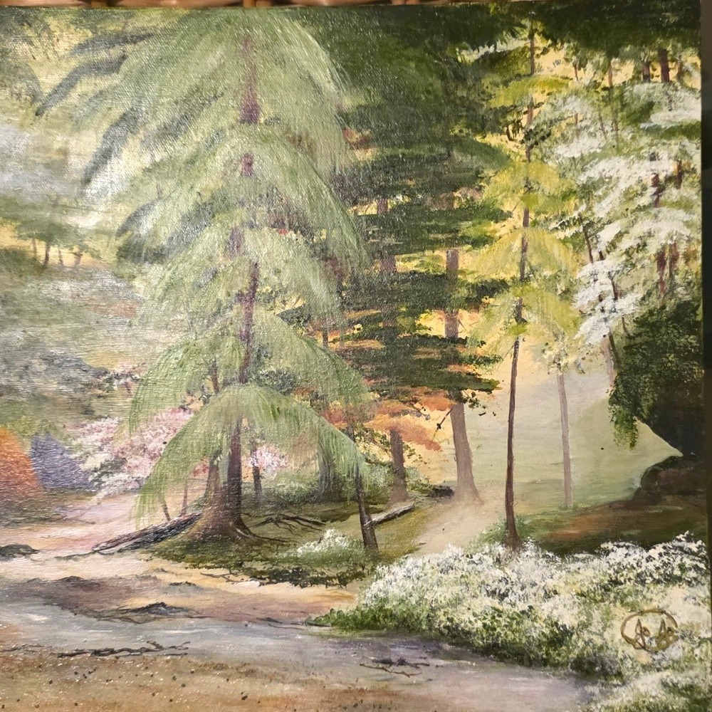 Vintage Painting Jojo Signed Original Forest Landscape Canvas Green